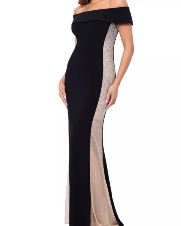 XScape Brianna Off-The-Shoulder Side Silver Bead Fitted Long Gown Dress