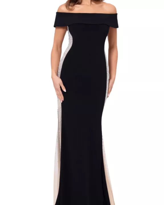XScape Brianna Off-The-Shoulder Side Silver Bead Fitted Long Gown Dress