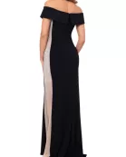 XScape Brianna Off-The-Shoulder Side Silver Bead Fitted Long Gown Dress