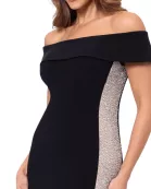 XScape Brianna Off-The-Shoulder Side Silver Bead Fitted Long Gown Dress