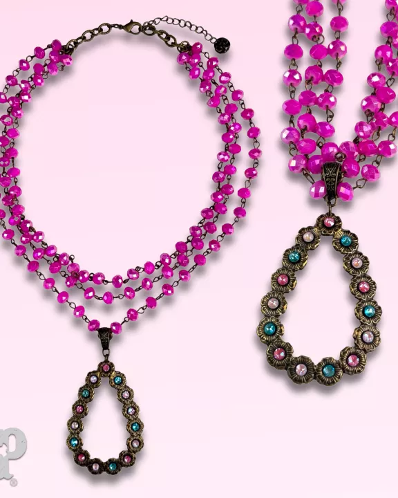 Fuchsia bead necklace with Austrian crystal pendant