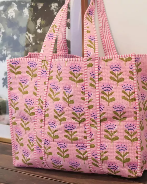 Cotton Quilted Floral Block Tote