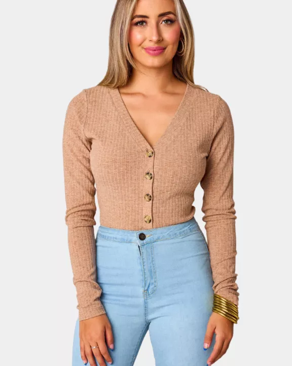 Holly Long Sleeve Button Up Bodysuit - Chocolate