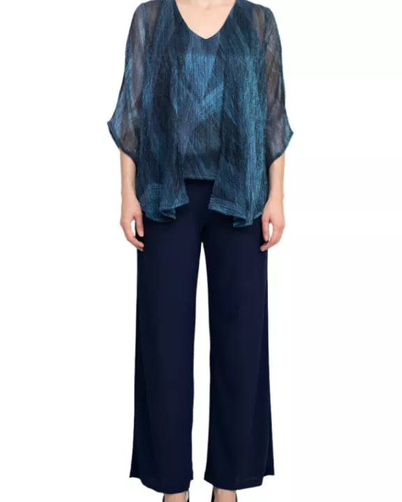 Marina V-Neck Metallic Top Mid Waist Solid Jersey Pant with Matching Metallic Jacket (3 Piece Set)