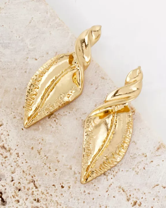 Textured Metal Twisted Leaves Drop Earrings With-Titanium-Post