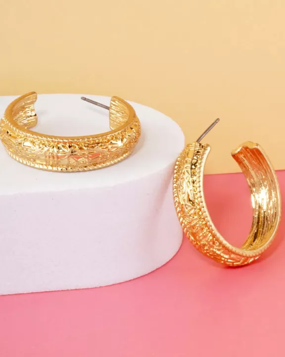 Textured Metal 7mm Wide 30mm Push-Back Hoop Earrings With-Titanium-Post