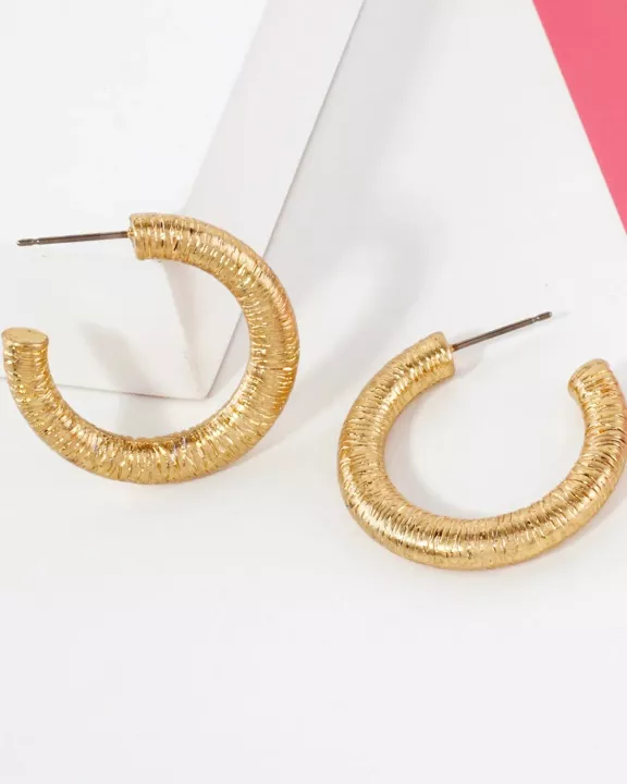 Textured Metal 30mm Push-Back Hoop Earrings With-Titanium-Post