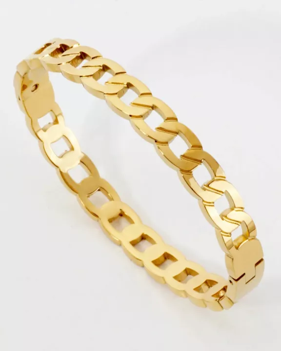 7mm Wide Cuban Link Chain Stainless-Steel Hinged Bangle Bracelet