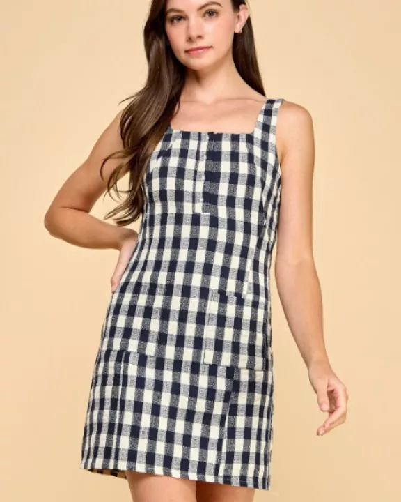 CD05902-Gingham Pattern Fitted Wide Shoulder Straps Dress