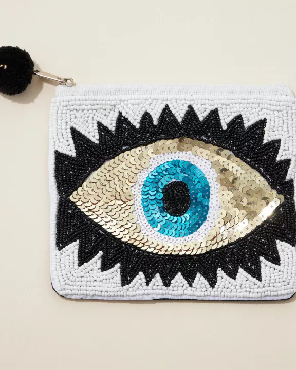 Golden Evil Eye Seed Bead Canvas Pouch