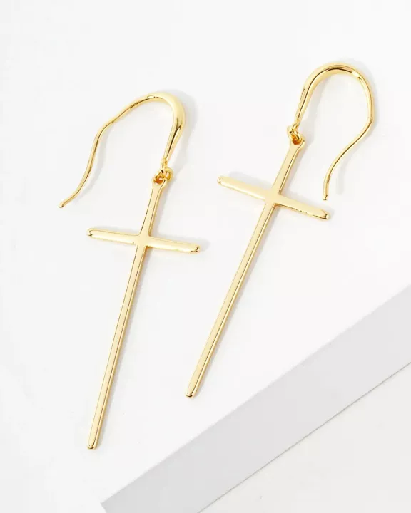 Polished Cross Drop 18K-Gold-Dipped Brass Earrings