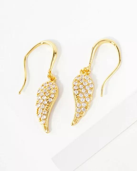 Pave-Set CZ Angel-Wing Drop 18K-Gold-Dipped Brass Earrings
