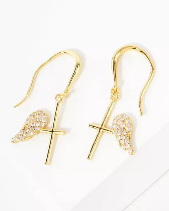 Pave-Set CZ Angel-Wing Cross Drop 18K-Gold-Dipped Brass Earrings