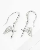 Pave-Set CZ Angel-Wing Cross Drop 18K-Gold-Dipped Brass Earrings