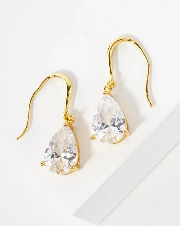 3-Prong Teardrop CZ Drop 18K-Gold-Dipped Brass Earrings