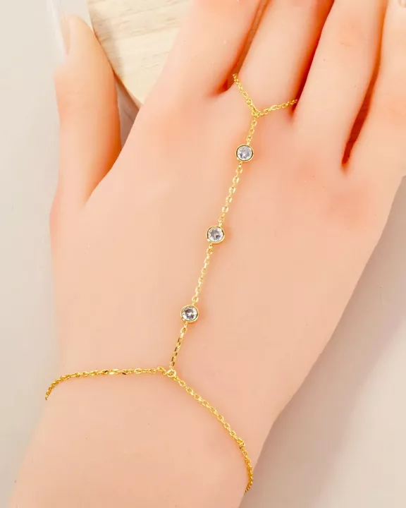 4mm Triple CZ Accent 18K-Gold-Dipped Delicate Brass Hand-Chain Bracelet