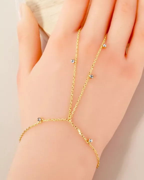 CZ Charms 18K-Gold-Dipped Delicate Brass Hand-Chain Bracelet