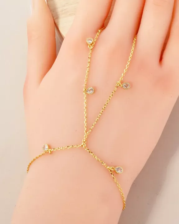 5mm Teardrop CZ Charms 18K-Gold-Dipped Delicate Brass Hand-Chain Bracelet