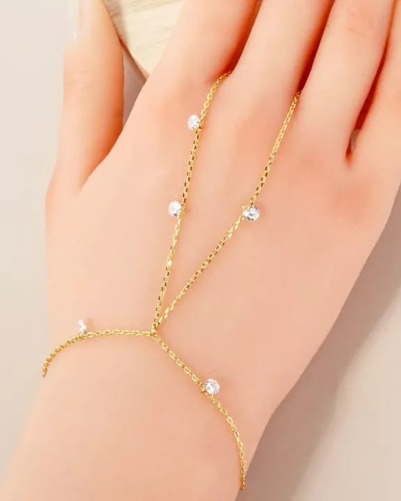 4mm CZ Charms 18K-Gold-Dipped Delicate Brass Hand-Chain Bracelet