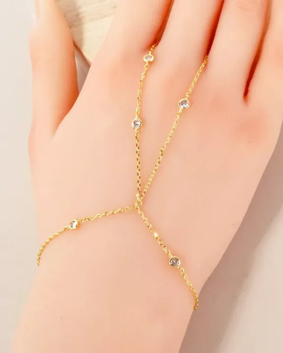 3mm Round CZ Charms 18K-Gold-Dipped Delicate Brass Hand-Chain Bracelet