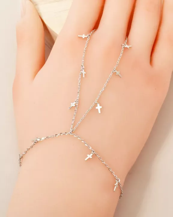 Cross Charms 18K-Gold-Dipped Delicate Brass Hand-Chain Bracelet
