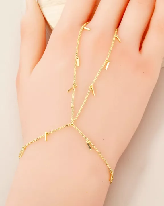 Bar Charms 18K-Gold-Dipped Delicate Brass Hand-Chain Bracelet