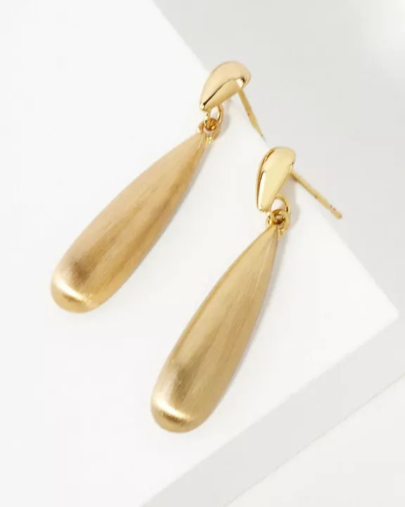 Brushed-Textured Double Teardrop 14K-Gold-Dipped Brass Dangle Earrings