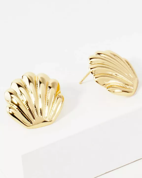 Textured Polished Seashell Design 14K-Gold-Dipped Brass Sea-Life Stud Earrings