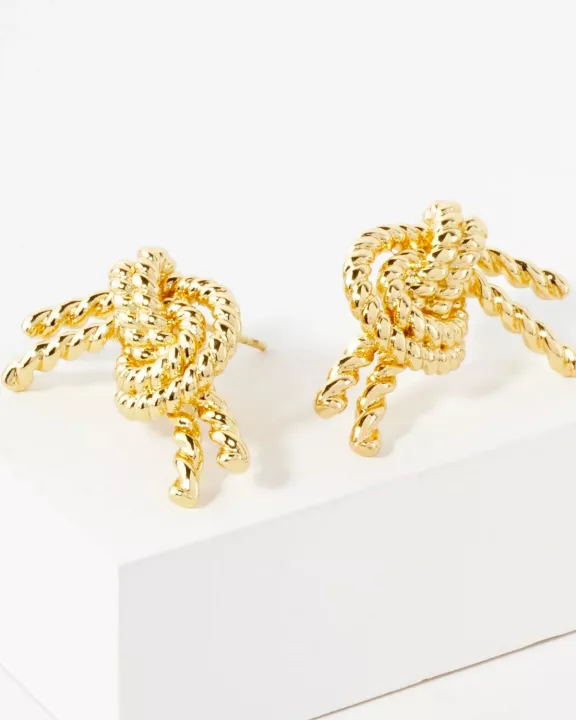 Textured Rope Knot Design 14K-Gold-Dipped Brass Stud Earrings