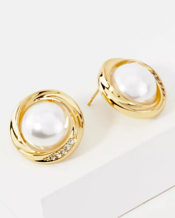 1-Inch Pearl 14K-Gold-Dipped Brass Button Stud Earrings