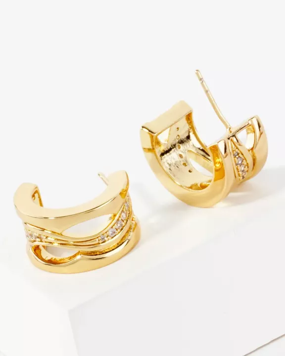 Wave CZ Center 18mm 14K-Gold-Dipped Push-Back Hoop Earrings