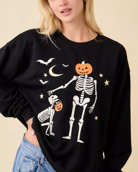 Halloween Pumpkin Skeleton Printed Graphic Crewneck