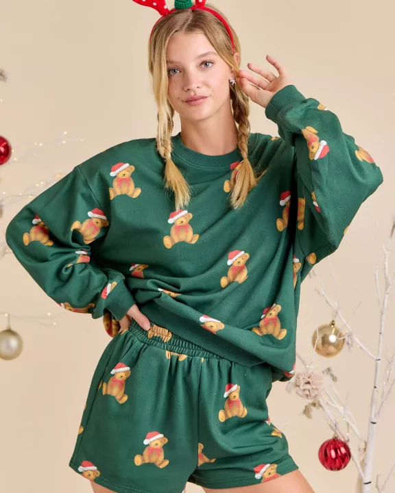 Christmas Teddy Bear Printed Crewneck & Shorts Set