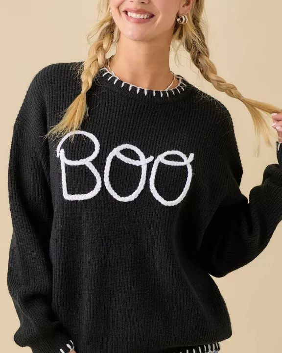 Halloween "Boo" Sweater With 3D Braided Writing