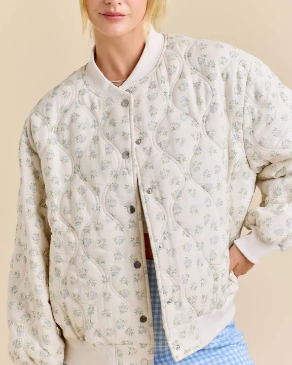 Oversized Quilted Floral Print Bomber Jacket