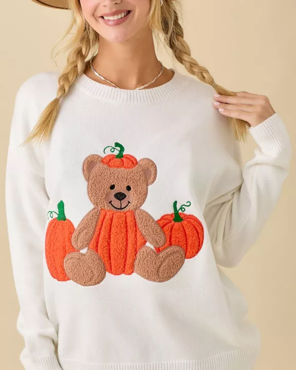 Pumpkin Teddy Bear Patchwork Sweater