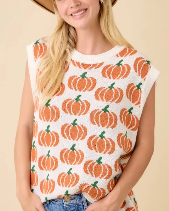 Pumpkin Print Sleevless Sweater Knit Top