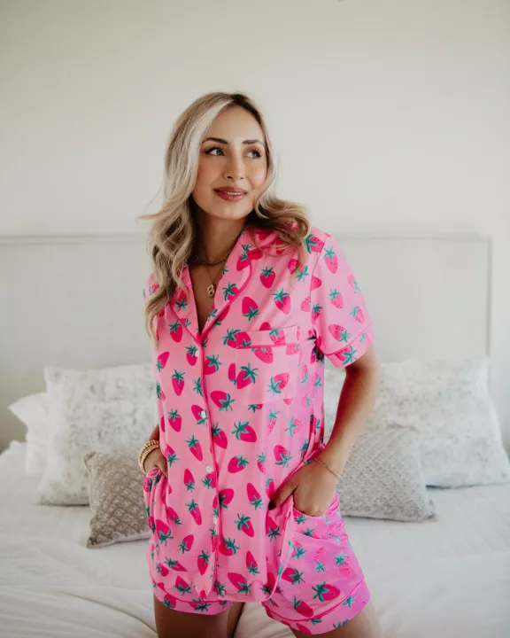 Pink Strawberry Print Wholesale Pajama Women