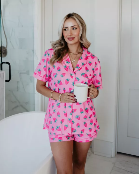 Pink Strawberry Print Wholesale Pajama Women