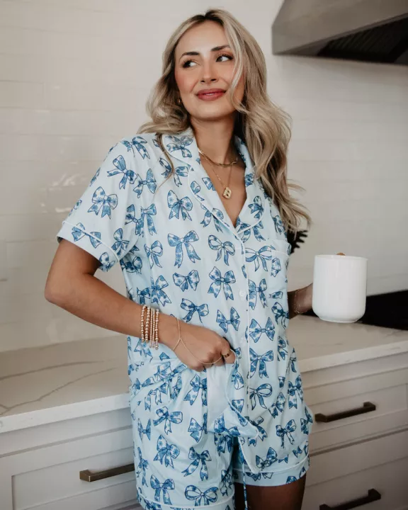 Light Blue Toile Coquette Bows Wholesale Cotton PJ Set