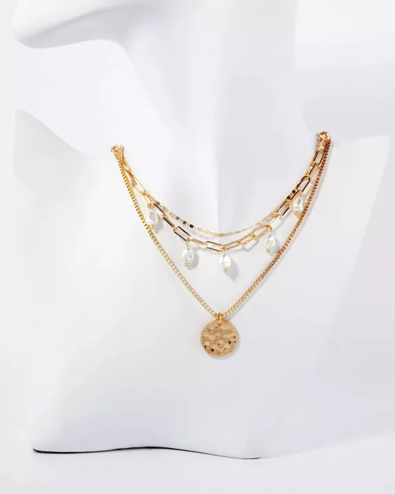 Triple Layer Hammered Disc Pendant Necklace