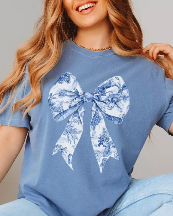 Floral Bow Blue & White Wholesale Comfort Color Tee - Fast Shipping