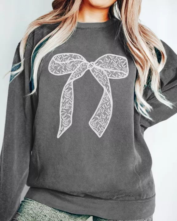 White Lace Bow Wholesale Comfort Colors Crew Sweatshirt - Quick TAT