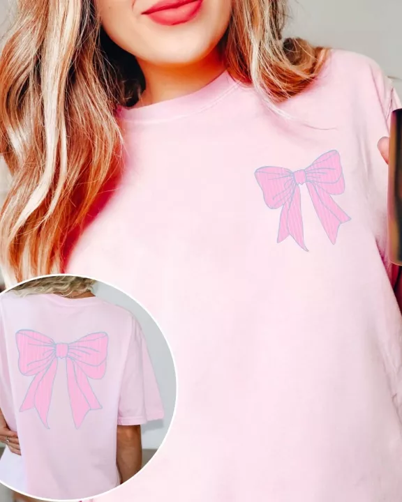 Pink Striped Bow Front & Back Wholesale Comfort Color Tee - Fast TAT