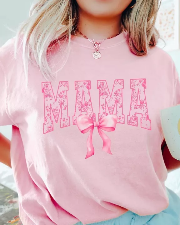 Mama Pink Floral Bow Wholesale Comfort Color Tee - Quick TAT