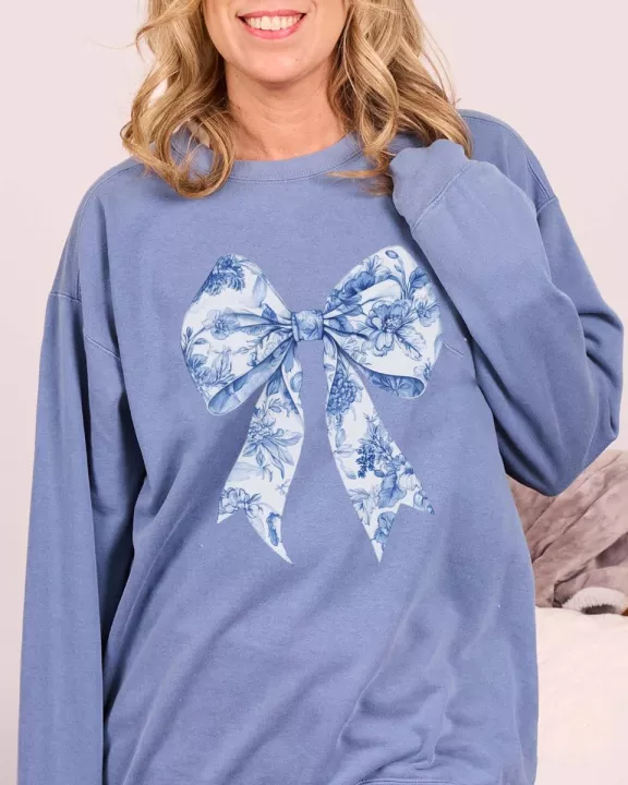 Floral Bow Blue & White Wholesale Comfort Colors Crew Sweatshirt - Fast Shipping