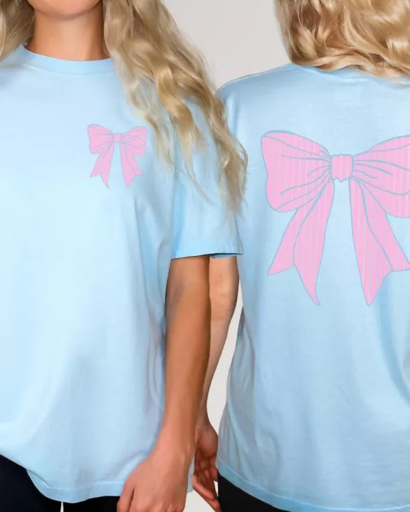 Pink Striped Bow Front & Back Wholesale Comfort Color Tee - Fast TAT