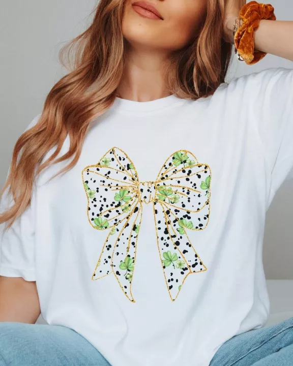 Gold Lined Shamrock Bow Wholesale Comfort Color Tee - Fast TAT