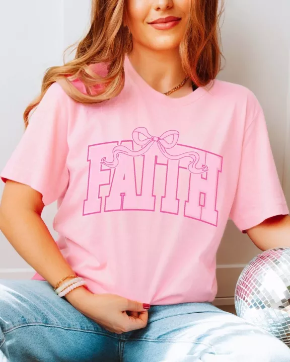 Faith Pink Bow Wholesale Bella Graphic Tee - Quick TAT