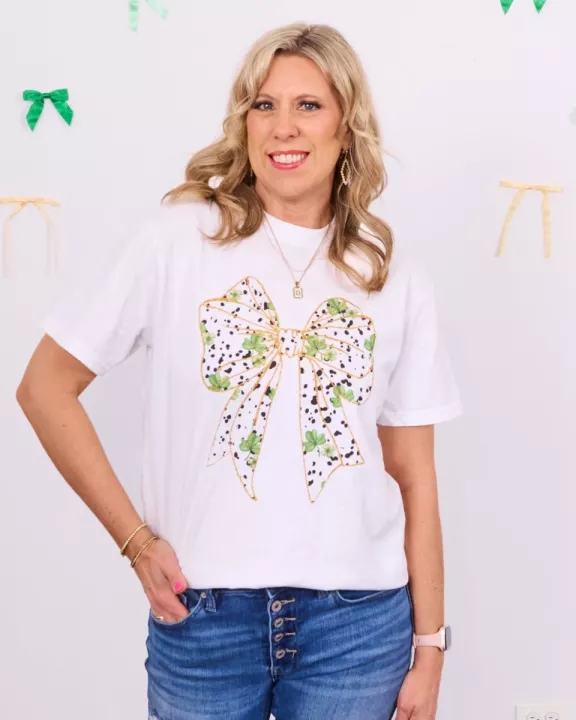 Gold Lined Shamrock Bow Wholesale Comfort Color Tee - Fast TAT